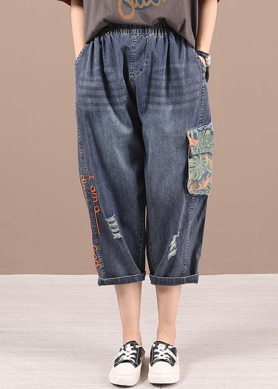 Blue Embroideried Elastic Waist Patchwork Summer Pockets Denim Pants - Omychic