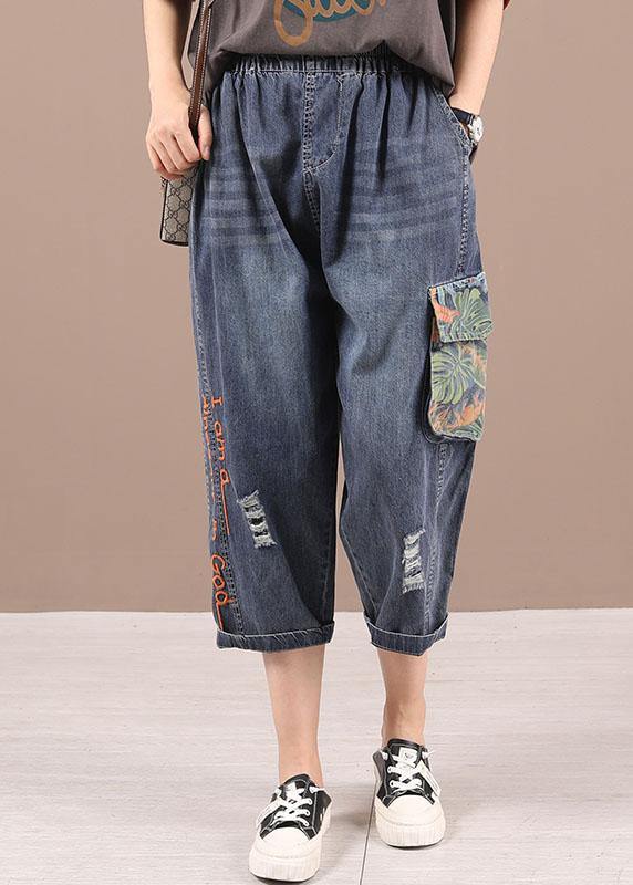 Blue Embroideried Elastic Waist Patchwork Summer Pockets Denim Pants - Omychic