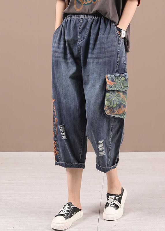 Blue Embroideried Elastic Waist Patchwork Summer Pockets Denim Pants - Omychic