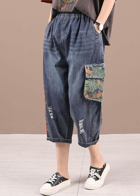 Blue Embroideried Elastic Waist Patchwork Summer Pockets Denim Pants - Omychic