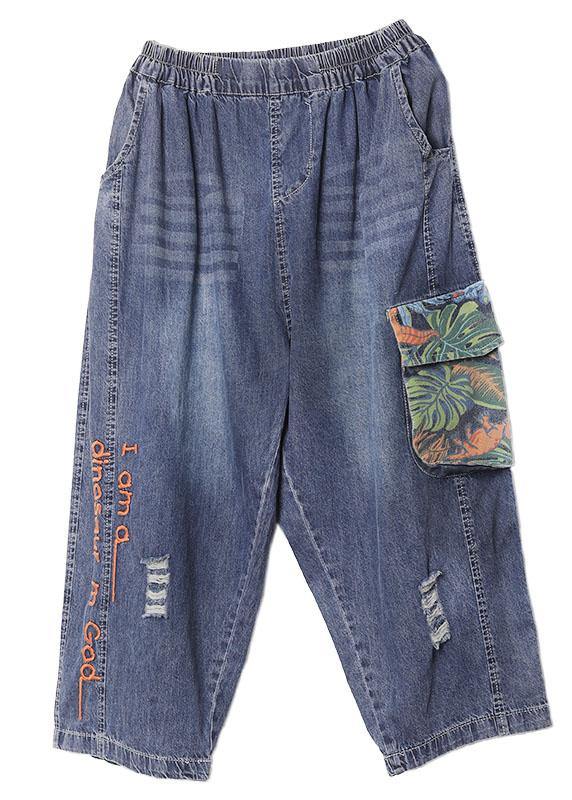 Blue Embroideried Elastic Waist Patchwork Summer Pockets Denim Pants - Omychic