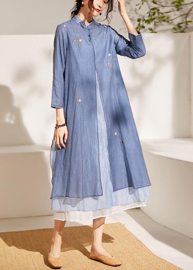 Blue Embroideried Patchwork Button Summer Blended Holiday Dress - Omychic