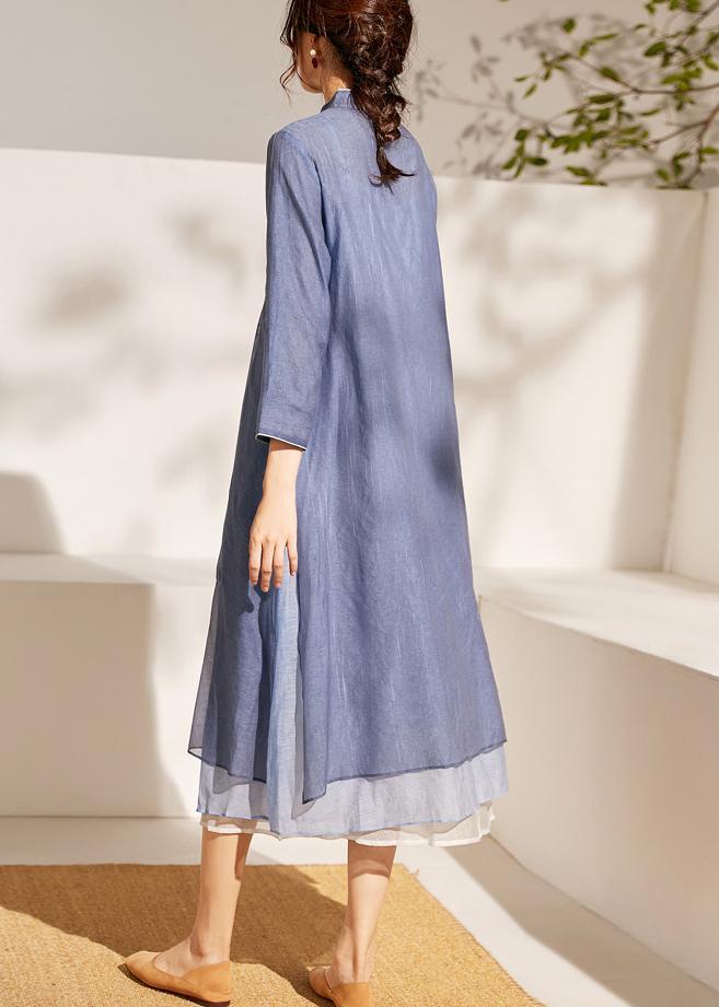 Blue Embroideried Patchwork Button Summer Blended Holiday Dress - Omychic