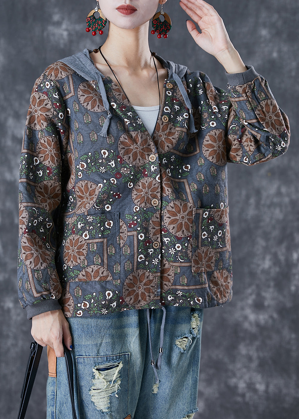 Blue Grey Patchwork Cotton Jackets Hooded Print Fall