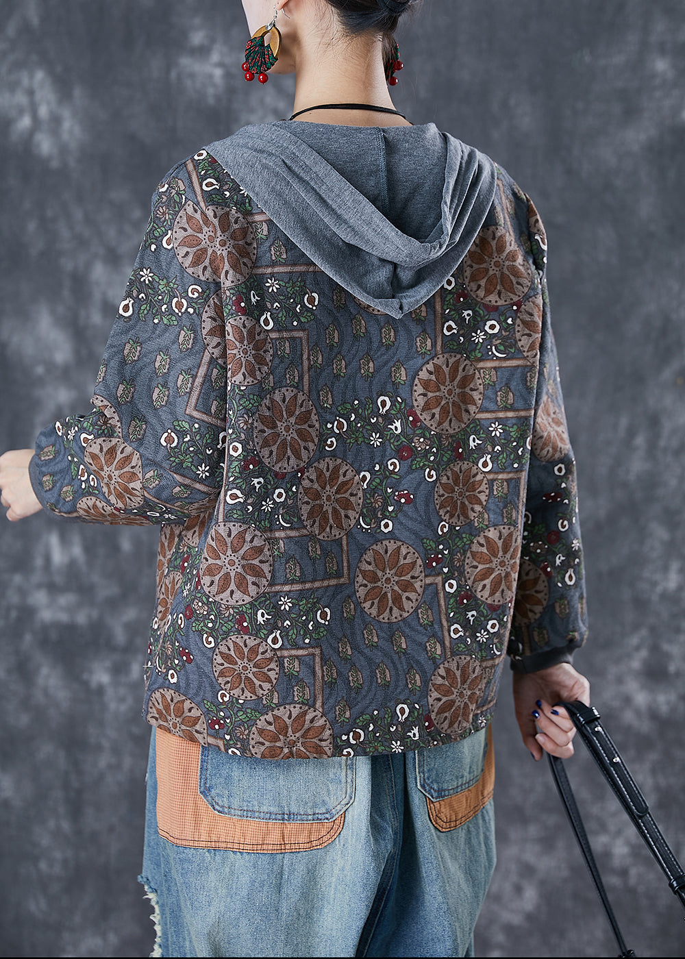 Blue Grey Patchwork Cotton Jackets Hooded Print Fall