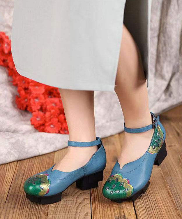 Blue High Heels Chunky Cowhide Leather Fine Splicing Buckle Strap