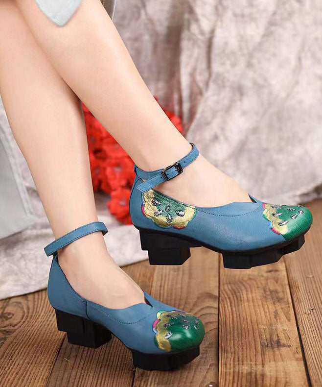 Blue High Heels Chunky Cowhide Leather Fine Splicing Buckle Strap