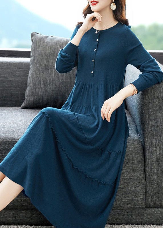 Blue Knit Sweater Dress O-Neck Ruffled Solid Button Winter