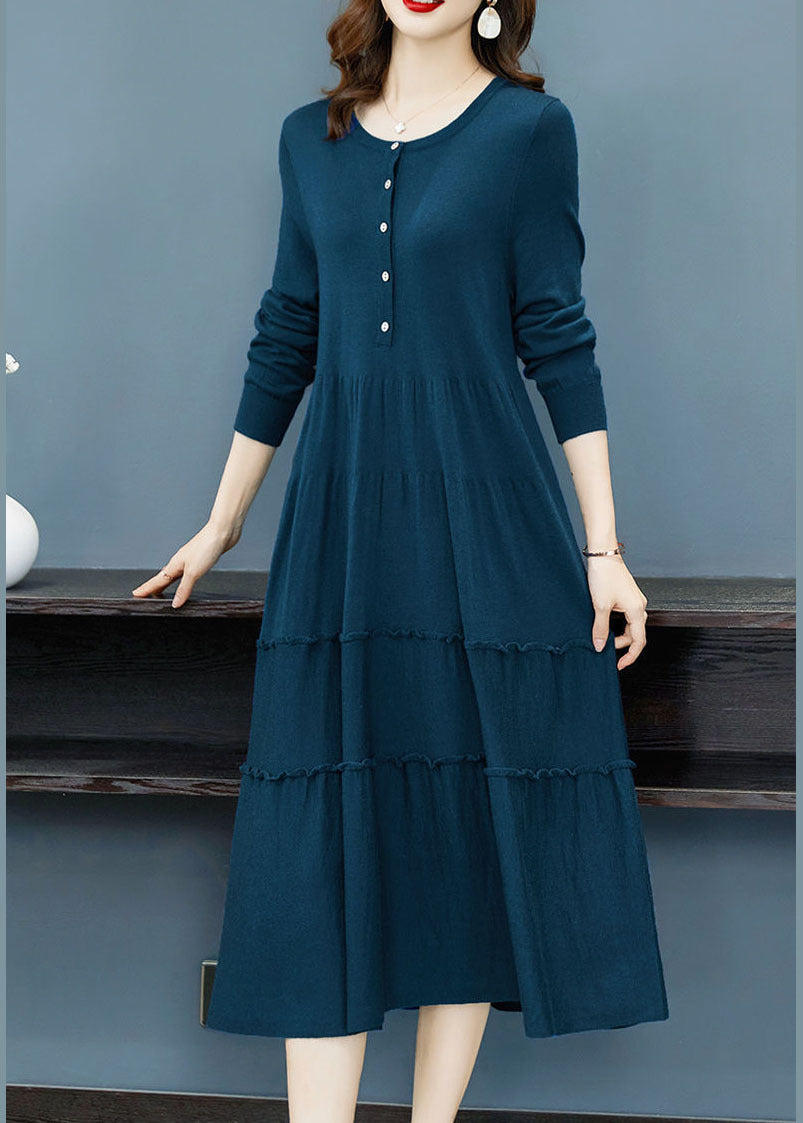Blue Knit Sweater Dress O-Neck Ruffled Solid Button Winter
