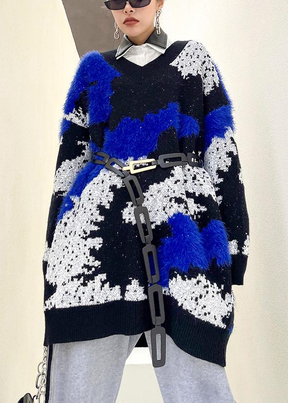 Blue Knitted Pullover V Neck Oversized Spring Knitted Blouse - Omychic