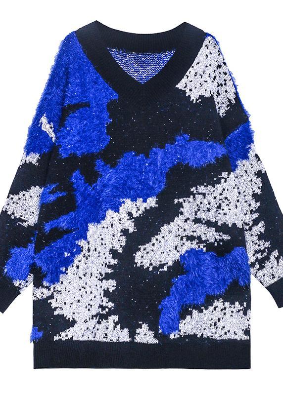 Blue Knitted Pullover V Neck Oversized Spring Knitted Blouse - Omychic