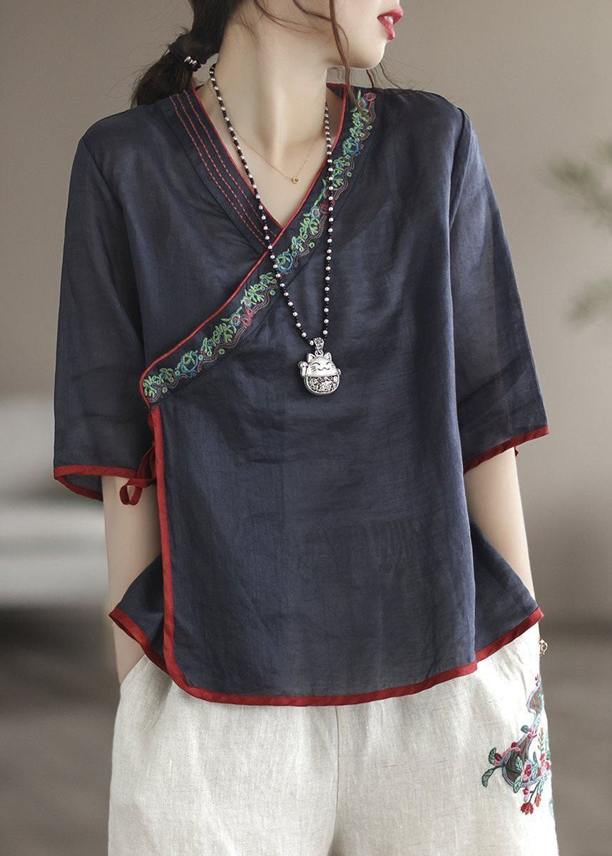 Blue Lace Up Embroideried Linen T Shirt V Neck Half Sleeve