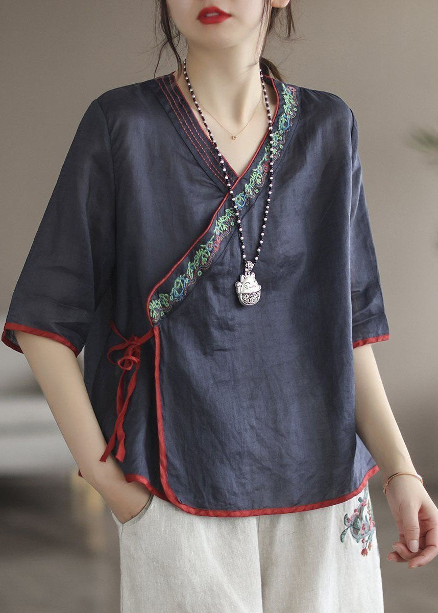 Blue Lace Up Embroideried Linen T Shirt V Neck Half Sleeve