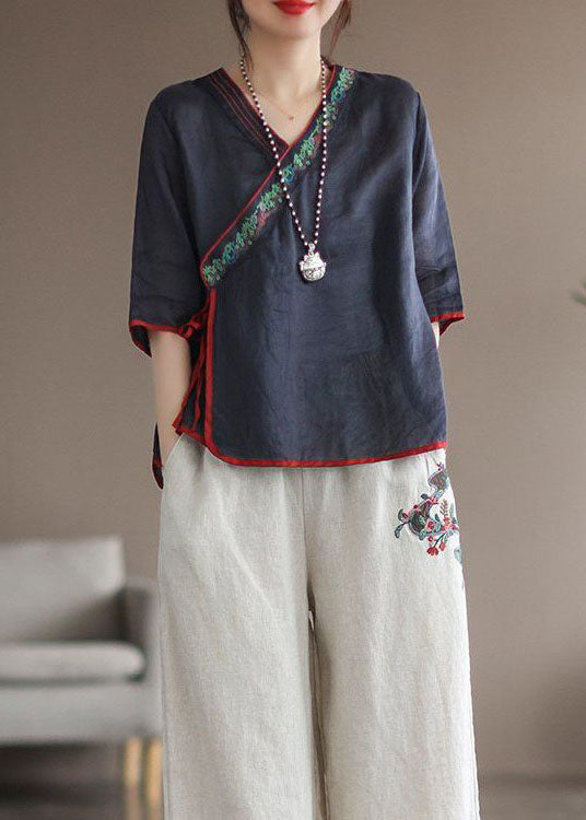 Blue Lace Up Embroideried Linen T Shirt V Neck Half Sleeve