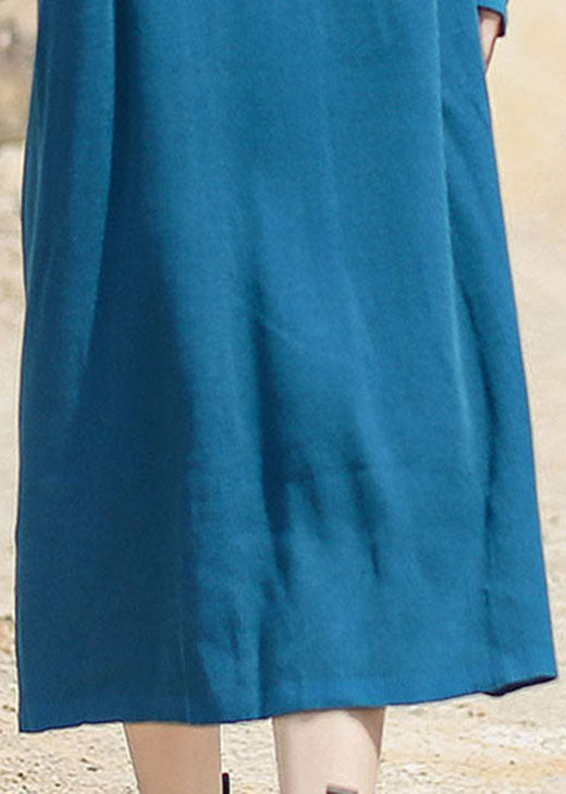 Blue Loose Casual Knit Long Dress V Neck Spring