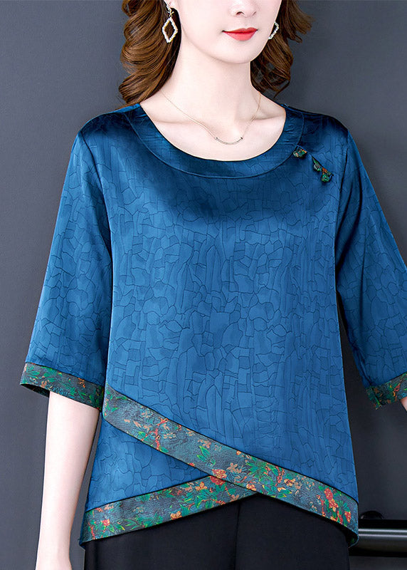 Blue O-Neck Asymmetrical Print Silk Tops Half Sleeve