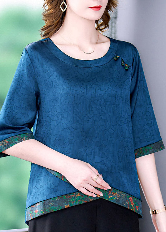 Blue O-Neck Asymmetrical Print Silk Tops Half Sleeve