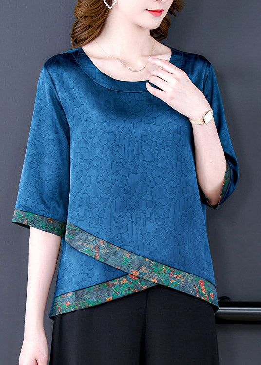 Blue O-Neck Asymmetrical Print Silk Tops Half Sleeve