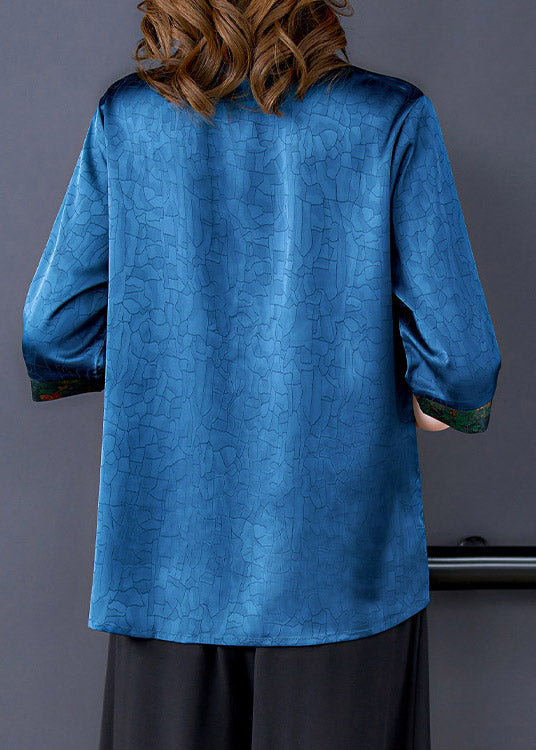 Blue O-Neck Asymmetrical Print Silk Tops Half Sleeve