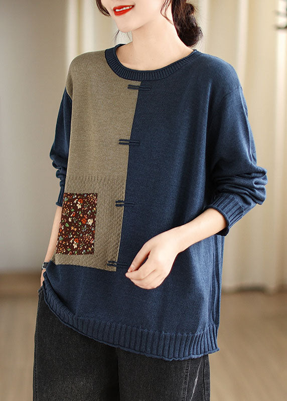 Blue O-Neck Button Cozy Cotton Knit Sweater Long Sleeve