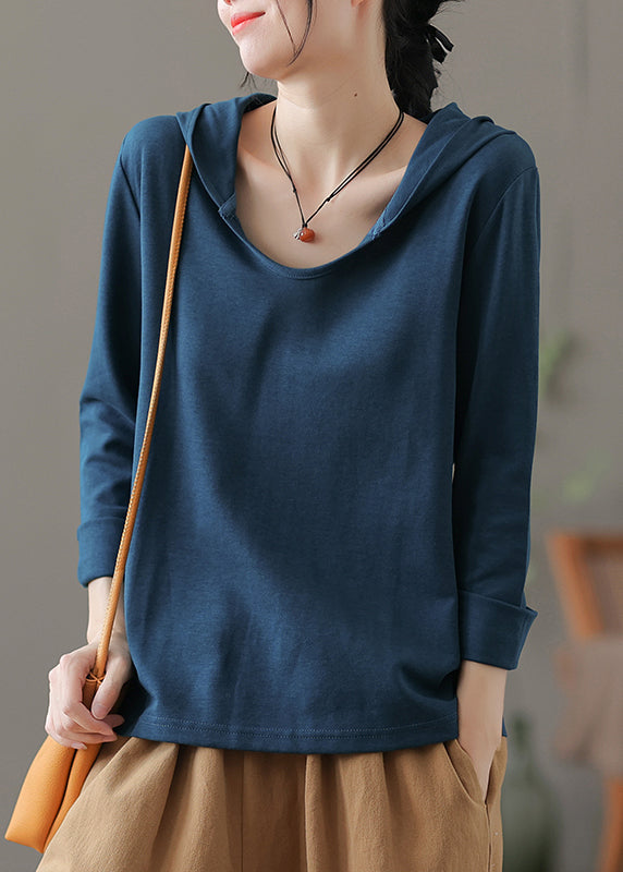 Blue O-Neck Cotton Hooded Top Long Sleeve