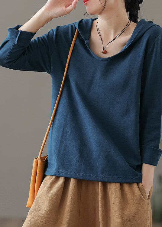 Blue O-Neck Cotton Hooded Top Long Sleeve