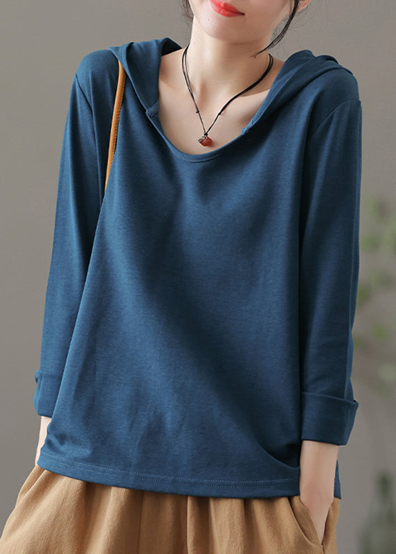 Blue O-Neck Cotton Hooded Top Long Sleeve