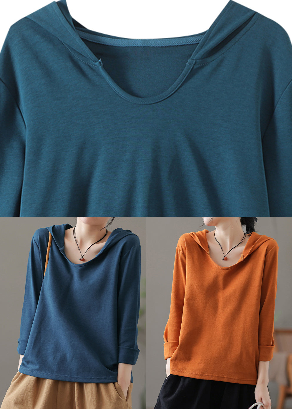 Blue O-Neck Cotton Hooded Top Long Sleeve