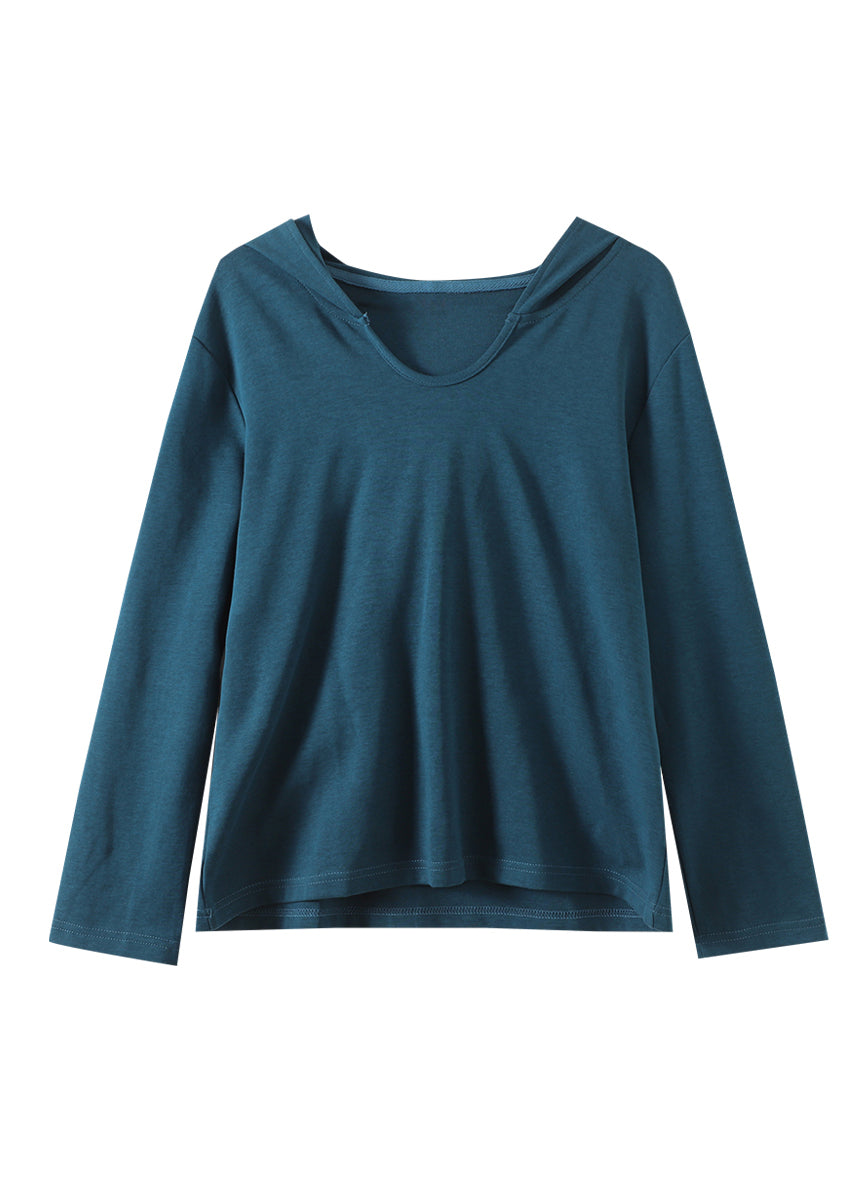 Blue O-Neck Cotton Hooded Top Long Sleeve