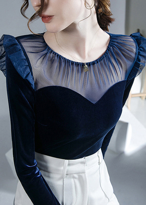 Blue O-Neck Patchwork Tulle Velour Tops Fall