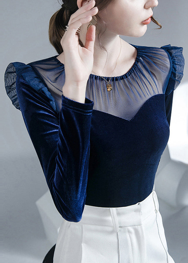 Blue O-Neck Patchwork Tulle Velour Tops Fall