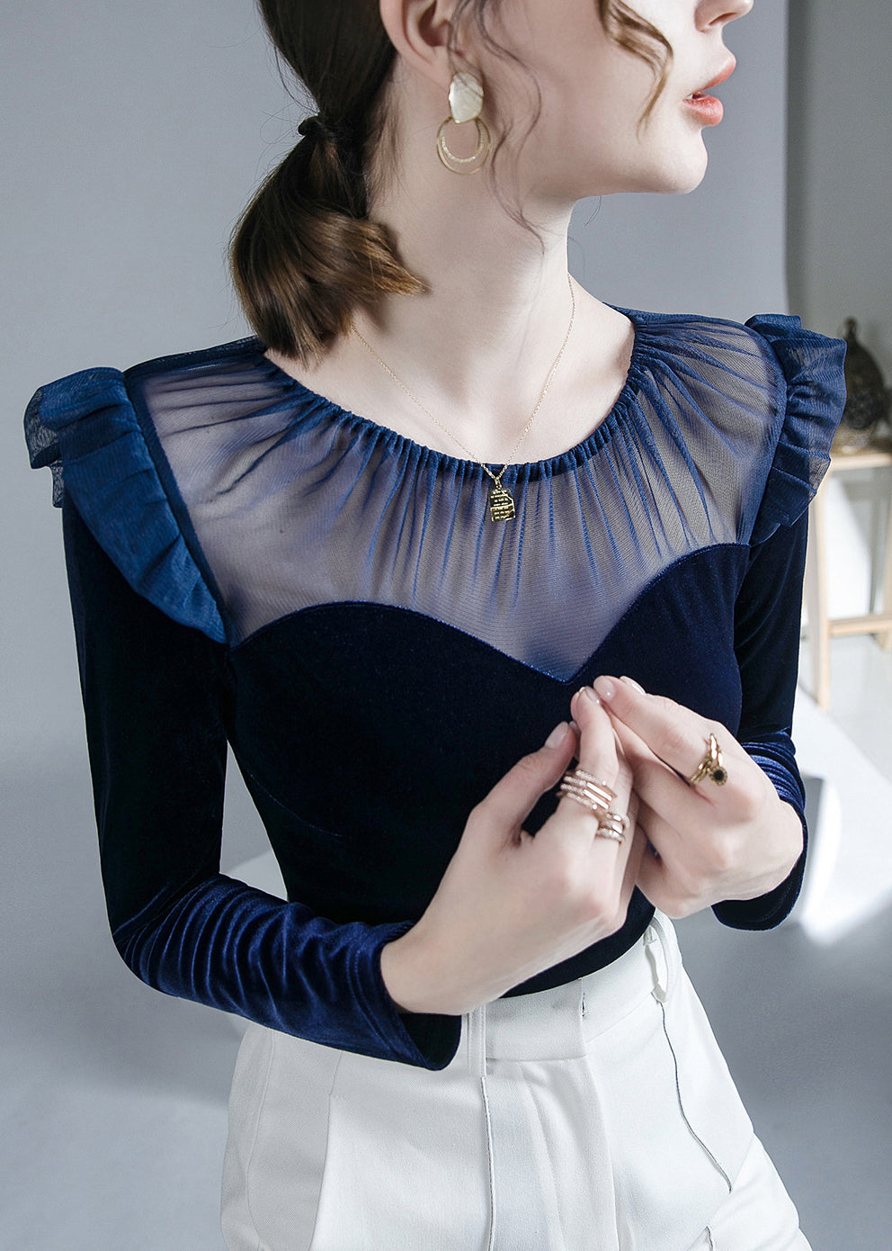 Blue O-Neck Patchwork Tulle Velour Tops Fall
