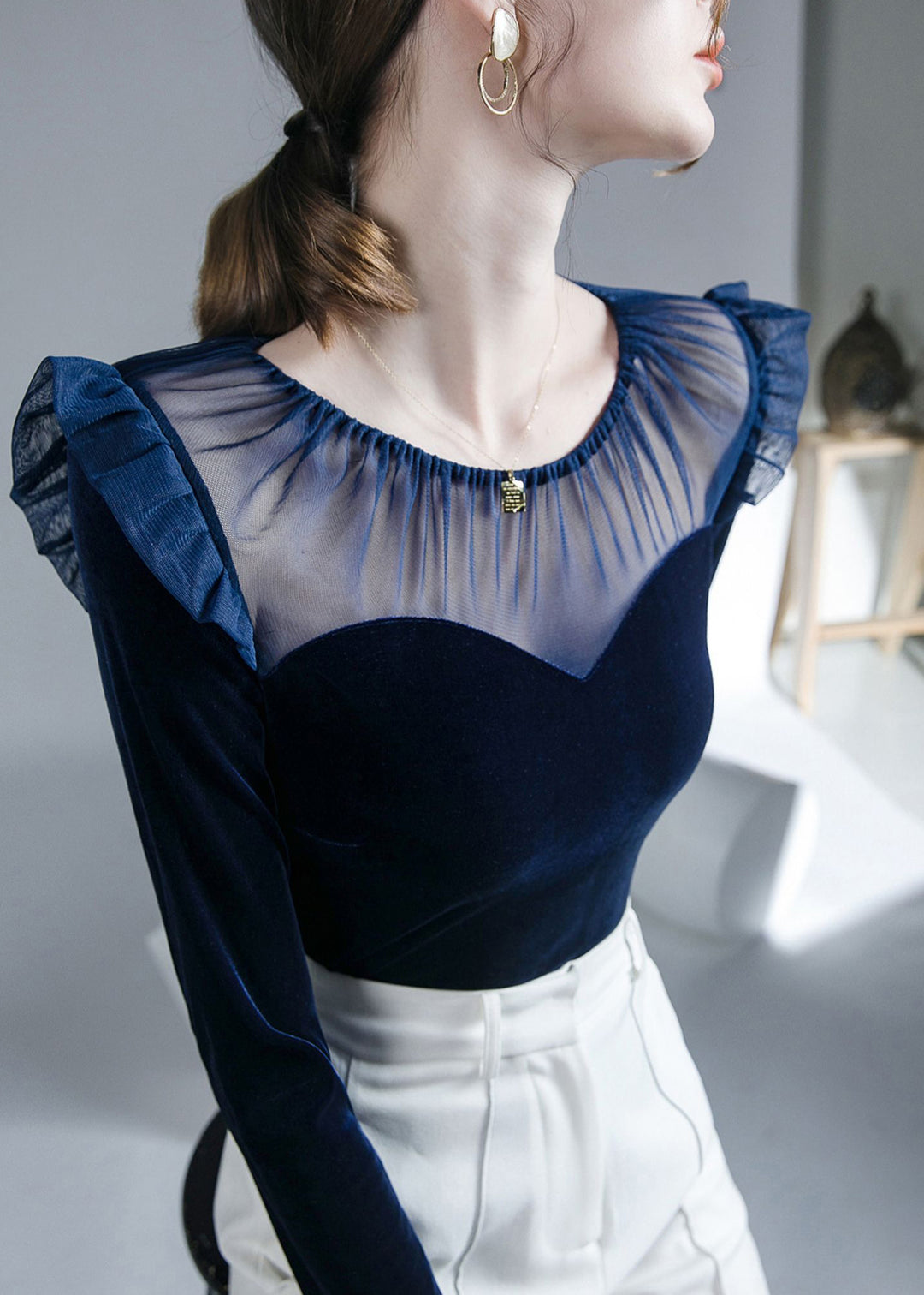 Blue O-Neck Patchwork Tulle Velour Tops Fall
