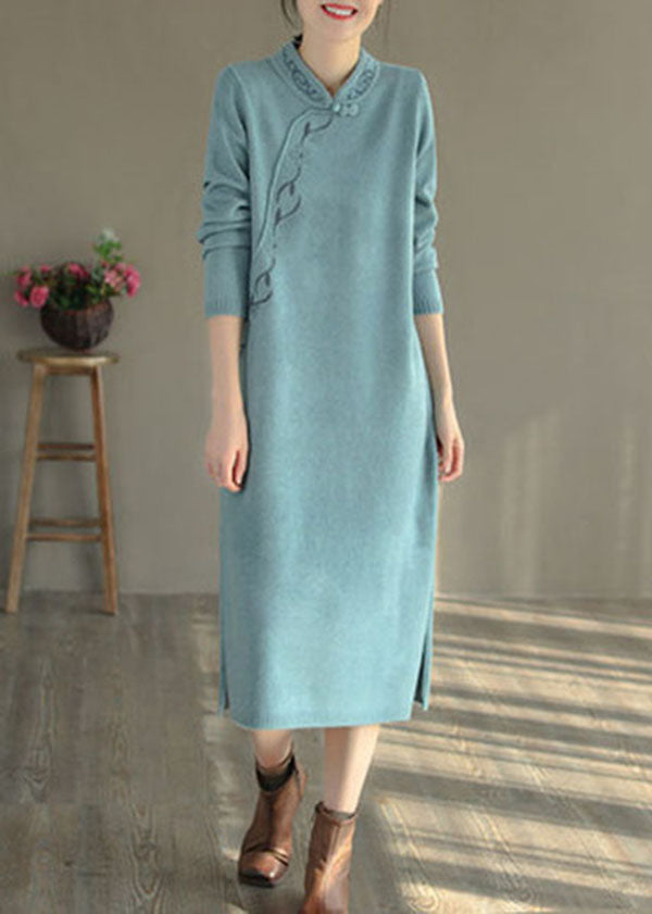 Blue Oriental Long Knit Dress Embroideried Side Open Winter