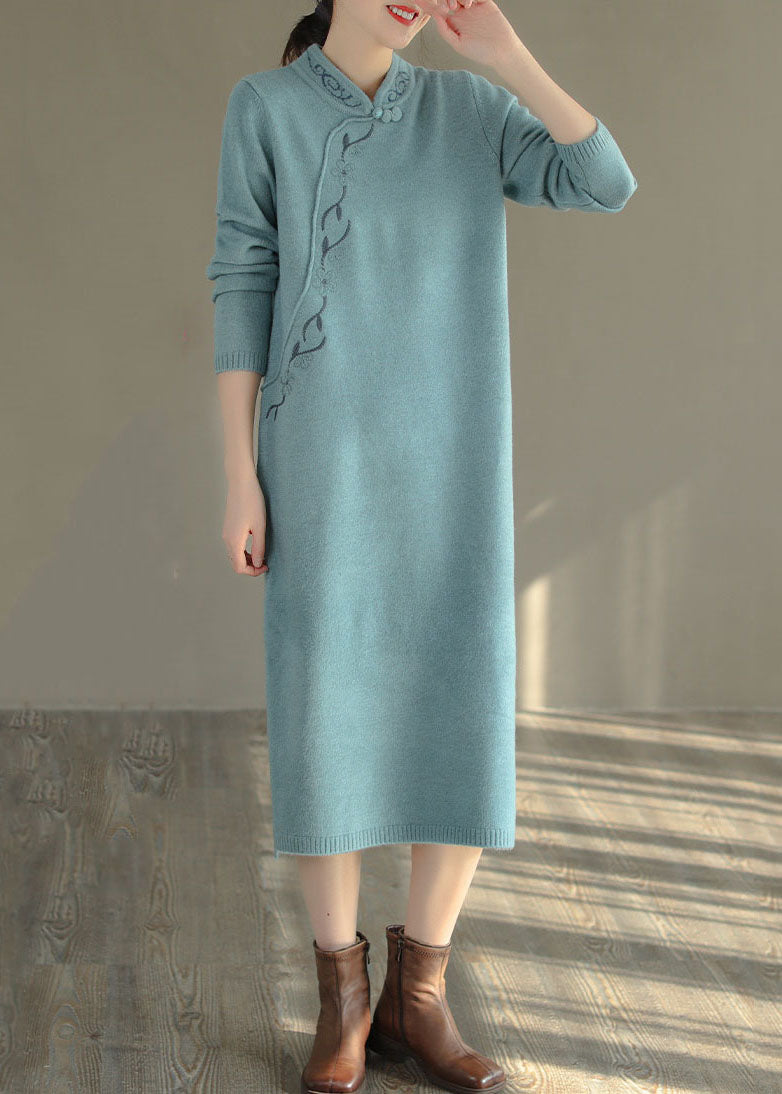 Blue Oriental Long Knit Dress Embroideried Side Open Winter