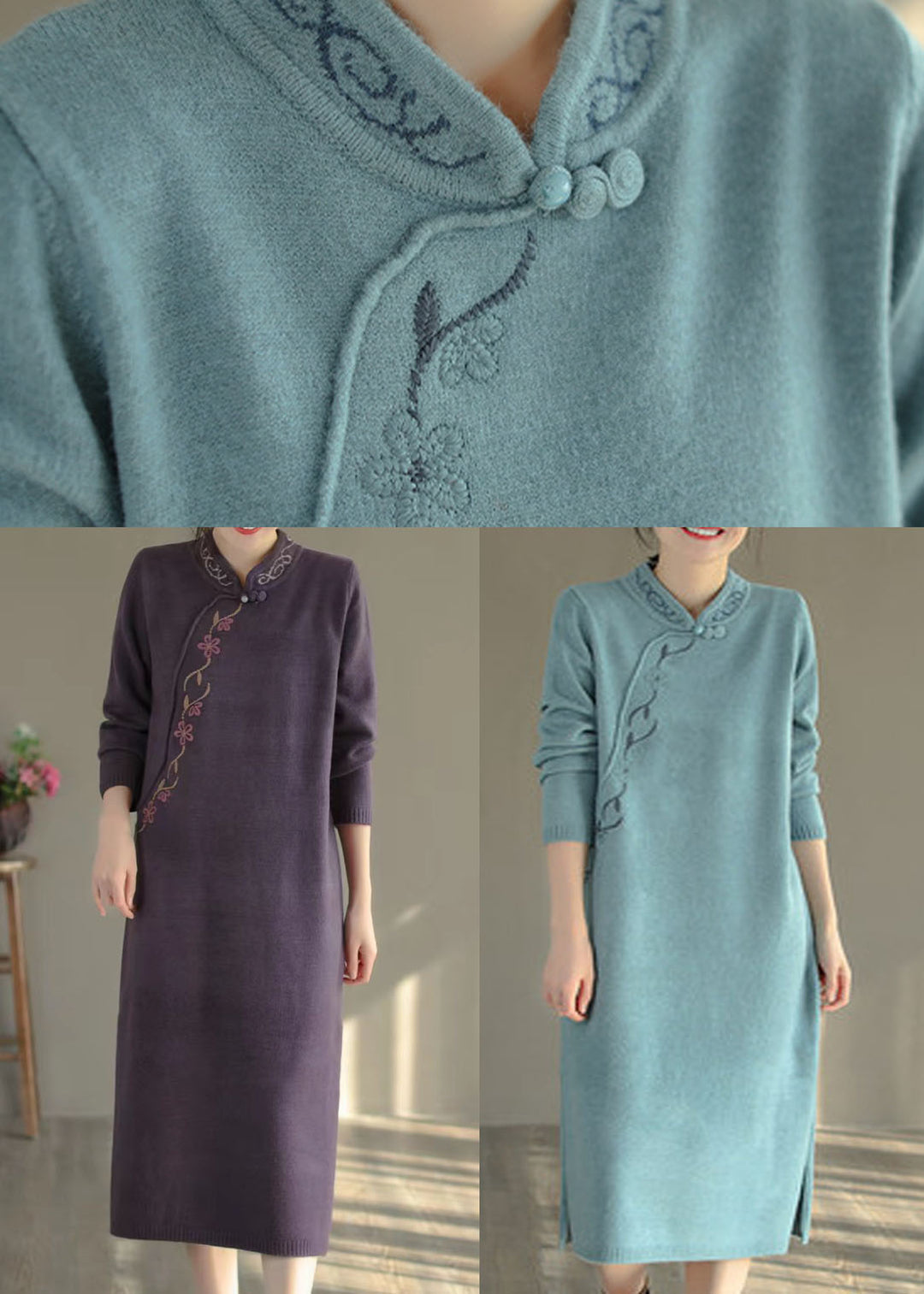 Blue Oriental Long Knit Dress Embroideried Side Open Winter