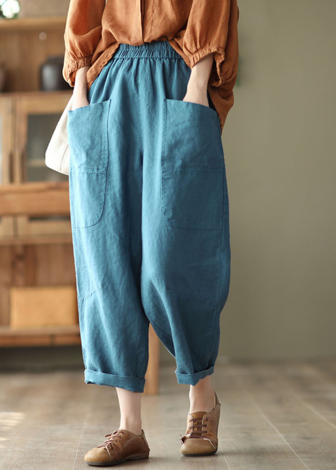 Blue Oversized Linen Crop Pants Elastic Waist Big Pockets Spring