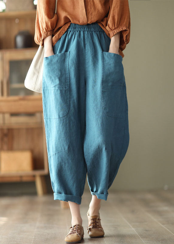 Blue Oversized Linen Crop Pants Elastic Waist Big Pockets Spring