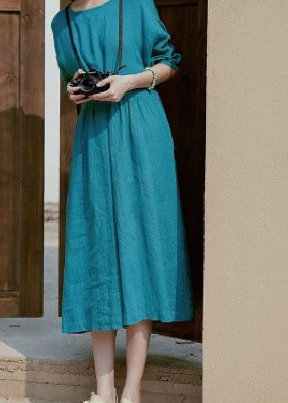 Blue Oversized Linen Maxi Dresses Button Wrinkled Half Sleeve