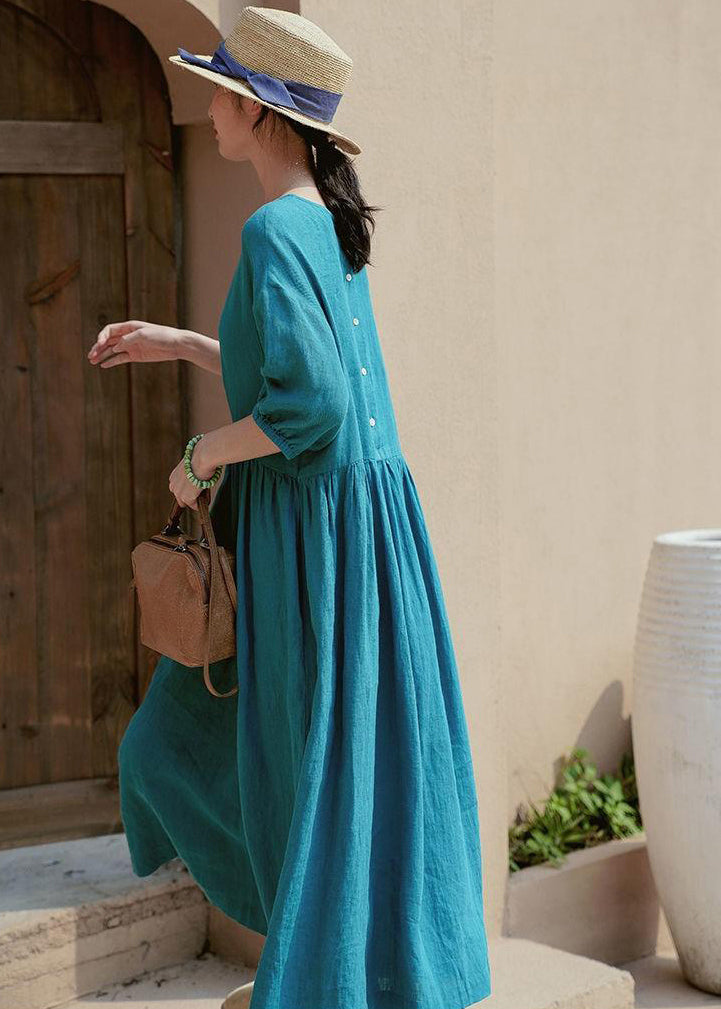 Blue Oversized Linen Maxi Dresses Button Wrinkled Half Sleeve