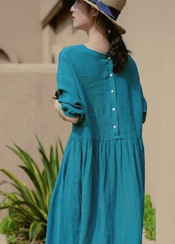 Blue Oversized Linen Maxi Dresses Button Wrinkled Half Sleeve