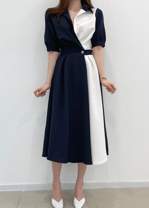 Blue Patchwork Cinched Cotton Maxi Dresses Short Sleeve
