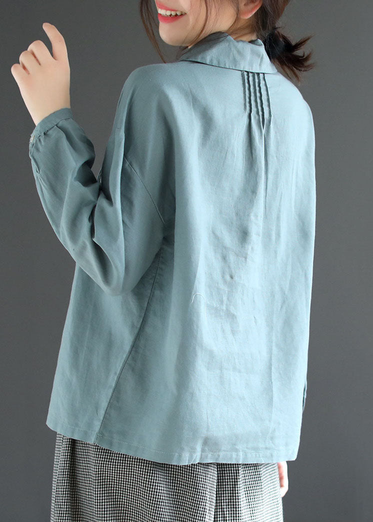 Blue Patchwork Cotton Shirt Tops Peter Pan Collar Wrinkled Long Sleeve