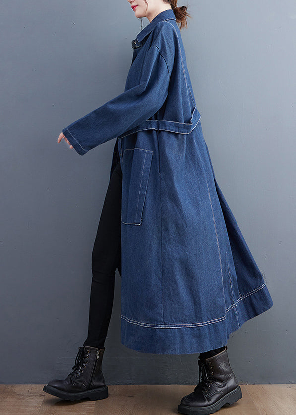 Blue Patchwork Denim Long Trench Coat Peter Pan Collar Long Sleeve