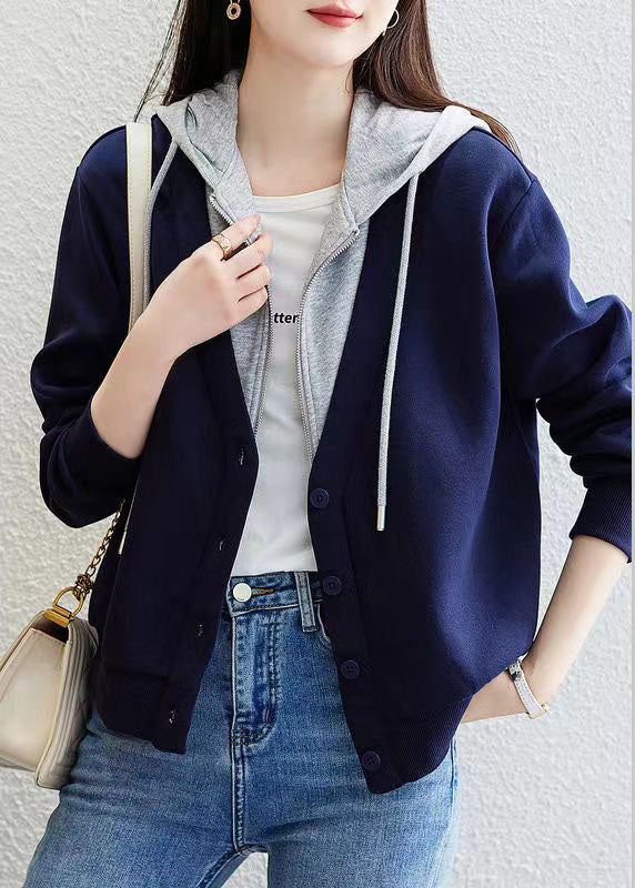 Blue Patchwork False Two Pieces Cotton Hoodie Coat Zip Up Fall