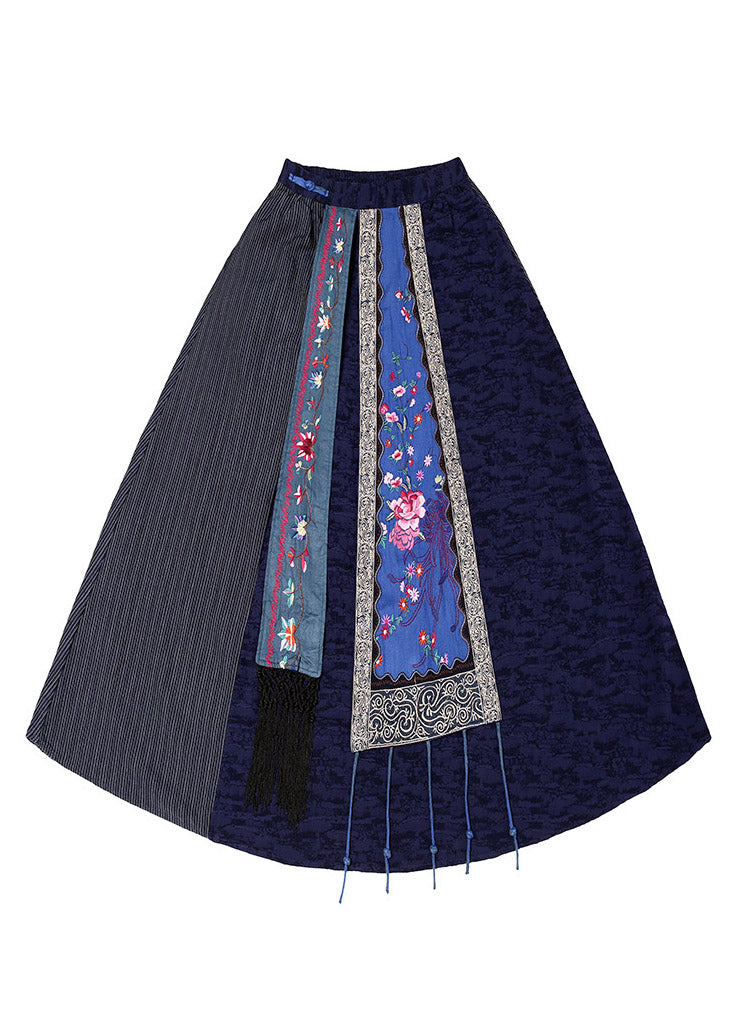 Blue Patchwork High Waist Tassel Maxi Skirts