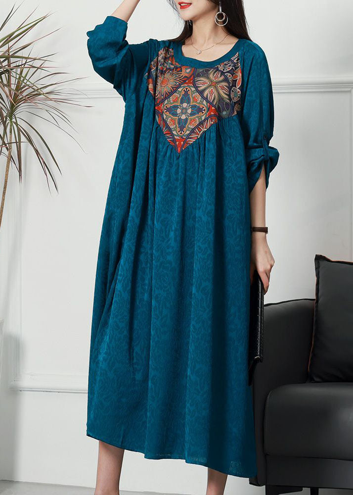 Blue Patchwork Jacquard Silk Dress O Neck Wrinkled Spring