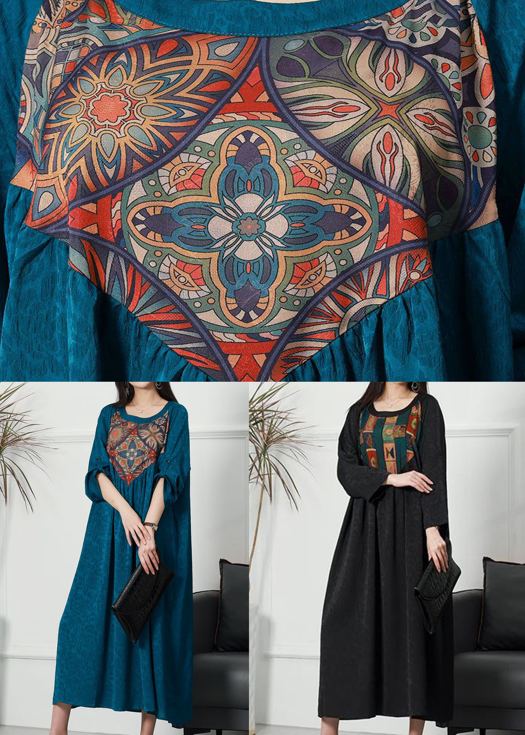 Blue Patchwork Jacquard Silk Dress O Neck Wrinkled Spring