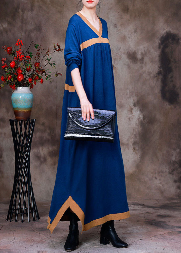 Blue Patchwork Knit Vacation Dresses Asymmetrical Long Sleeve