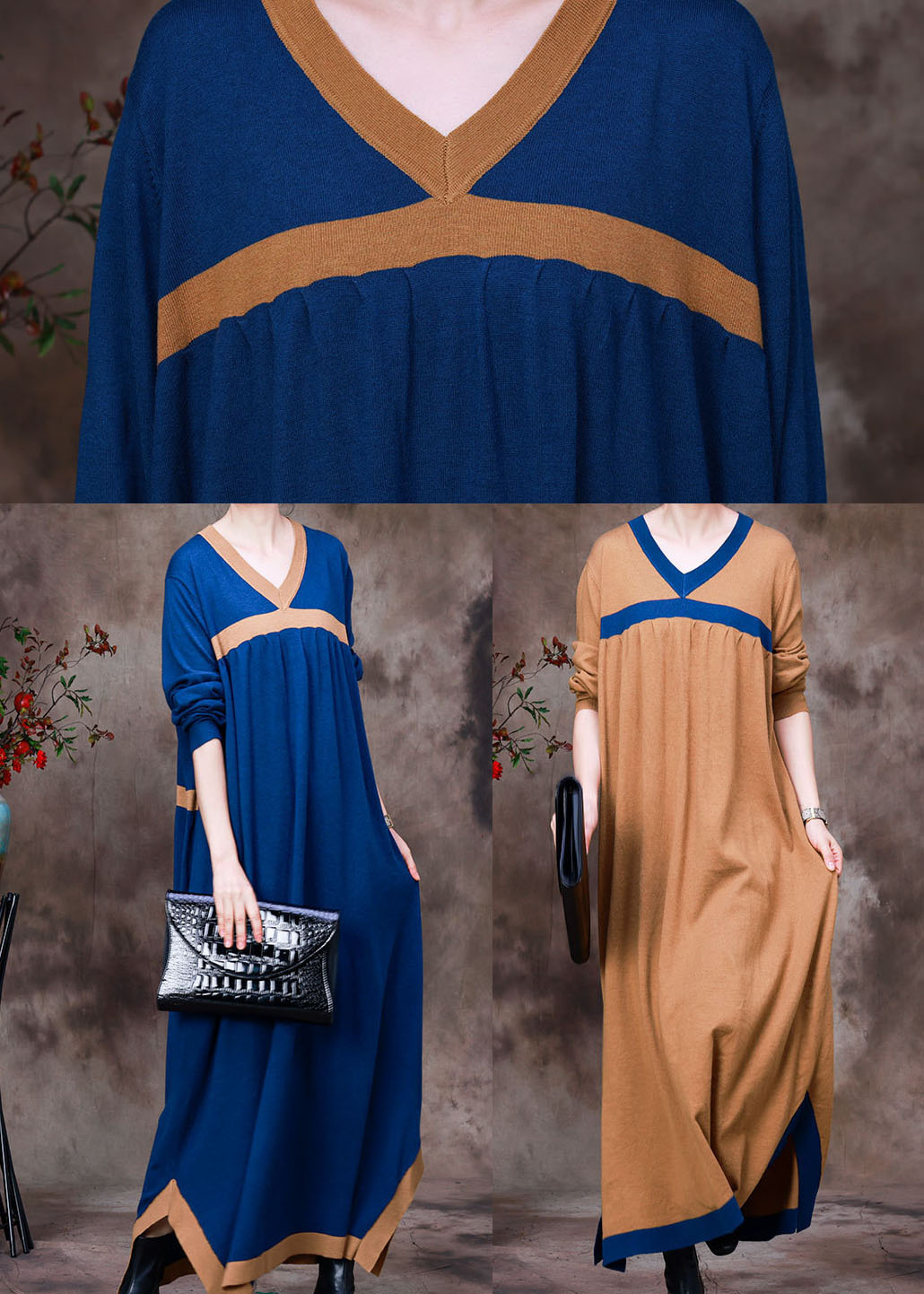 Blue Patchwork Knit Vacation Dresses Asymmetrical Long Sleeve